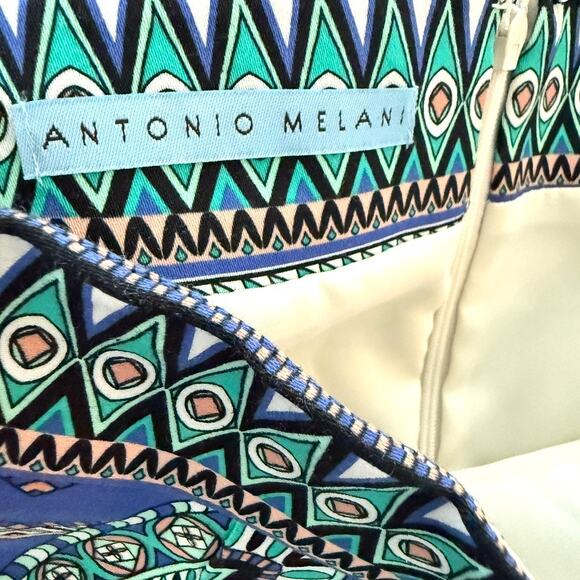 ANTONIO MELANI Pencil Skirt Blue Geometric Print Cotton Lined Size 2 Chic - Picture 4 of 5